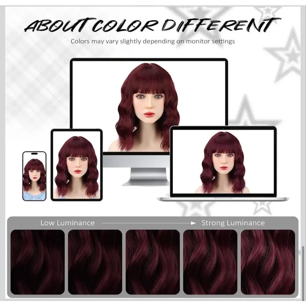 VIIYEESS Wine Red Wavy Bob Wig with Bangs 14” Synthetic Heat Resistant